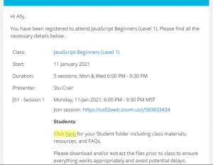 Class Materials link in email