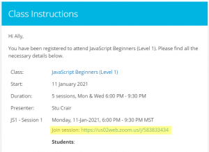 Class URL in email