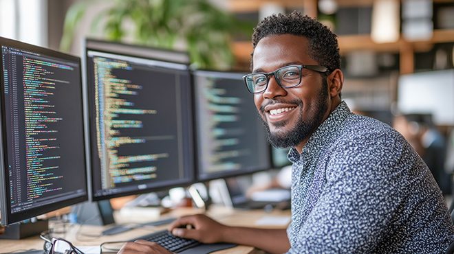 Smiling professional working at a desk with code on several monitors