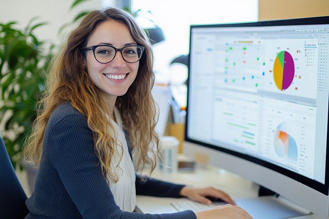 Smiling woman analyzing data dashboards on a large monitor