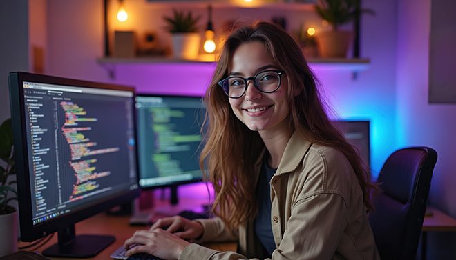 Woman software developer smiling at her desk with code on several monitors